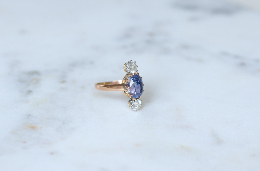 Belle Epoque Ring Unheated Ceylon Sapphire 3.30 Cts and Diamonds on Rose Gold and Platinum