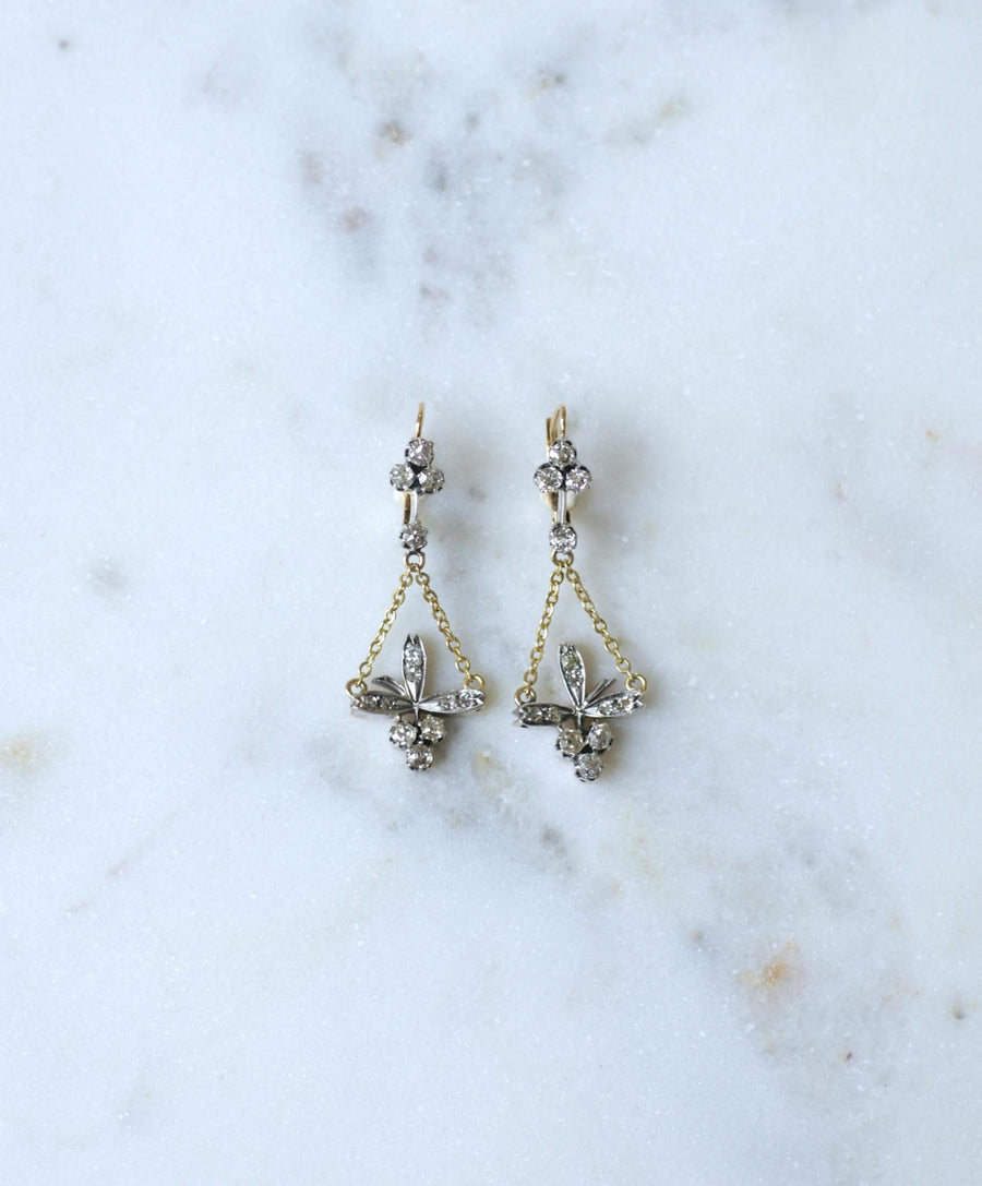 Antique Trefoil and Flower Diamonds on Gold and Silver Sleeper Earrings