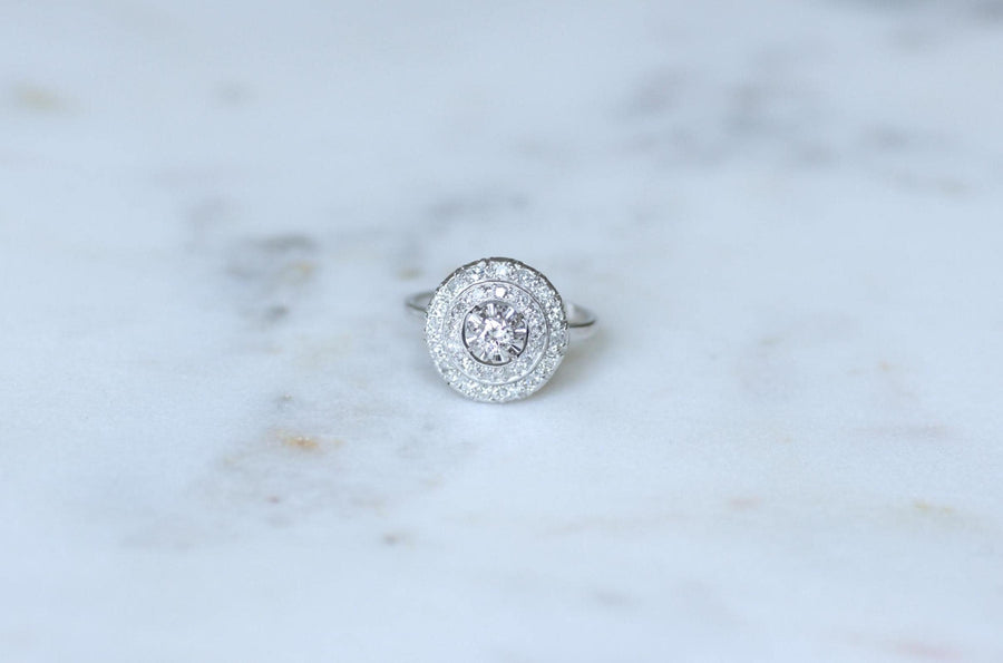 Art Deco Double Entourage Diamond Target Ring 0.60 Ct on White Gold and Platinum