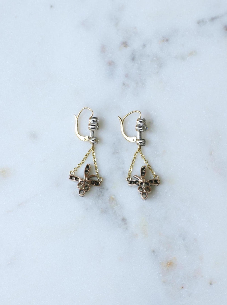 Antique Trefoil and Flower Diamonds on Gold and Silver Sleeper Earrings