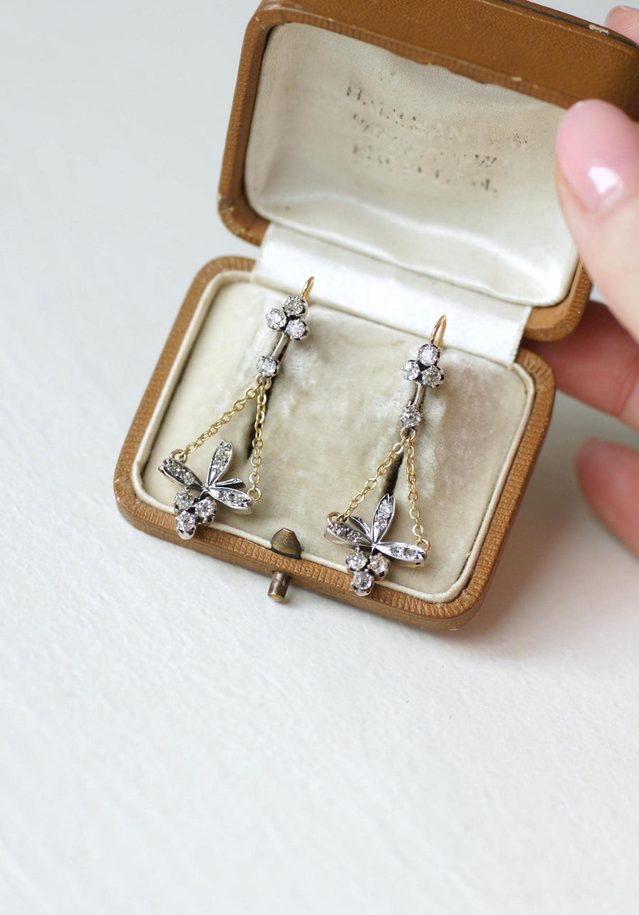 Antique Trefoil and Flower Diamonds on Gold and Silver Sleeper Earrings