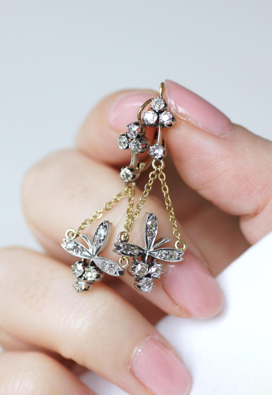 Antique Trefoil and Flower Diamonds on Gold and Silver Sleeper Earrings