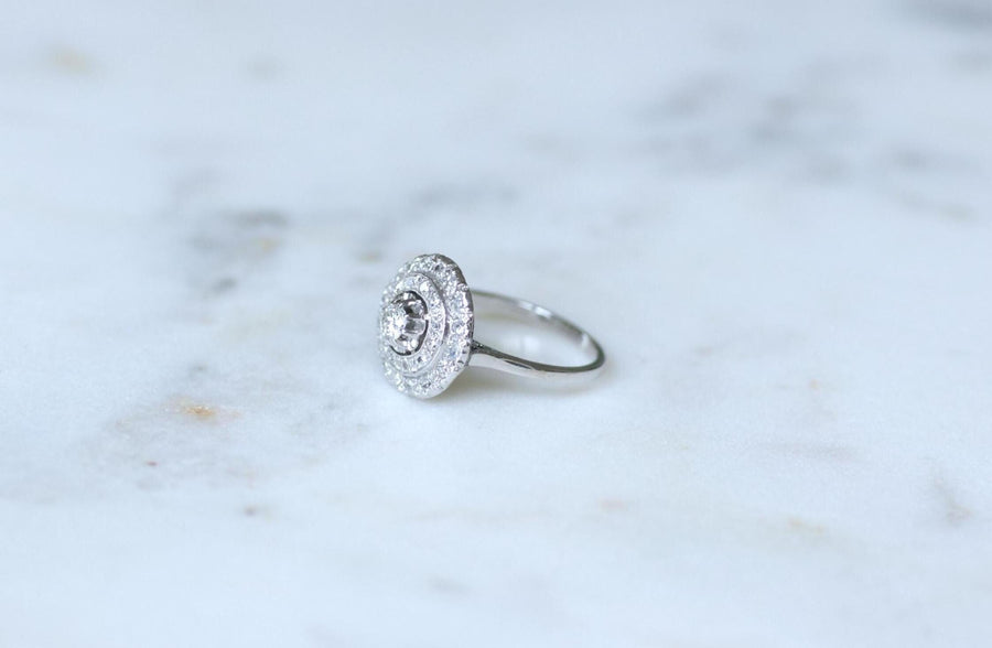 Art Deco Double Entourage Diamond Target Ring 0.60 Ct on White Gold and Platinum