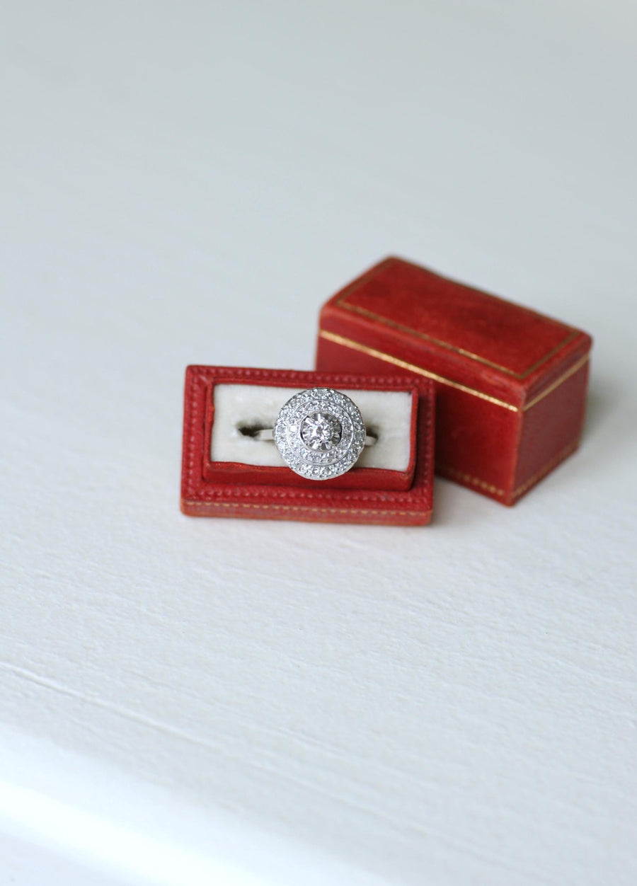 Art Deco Double Entourage Diamond Target Ring 0.60 Ct on White Gold and Platinum