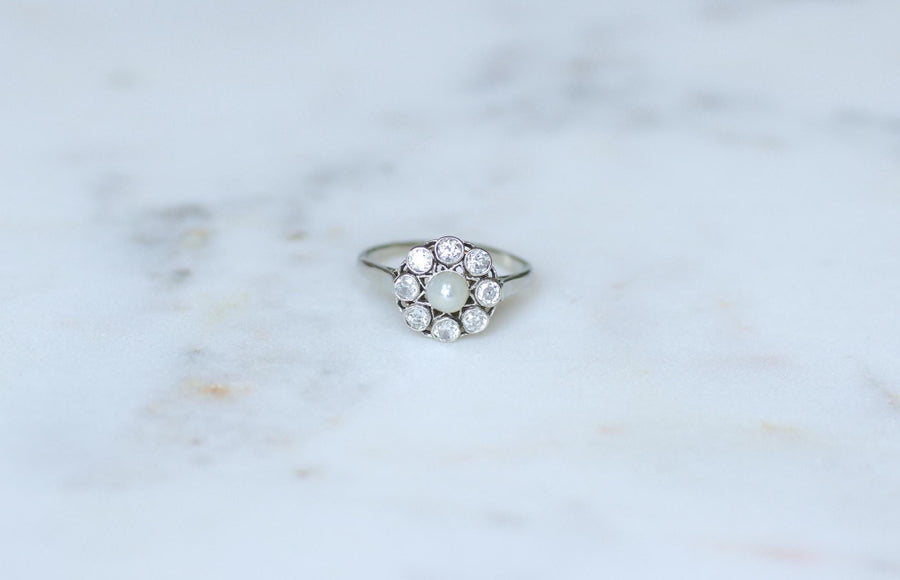 Marguerite Antique Pearl Button and Diamond Ring on White Gold and Platinum