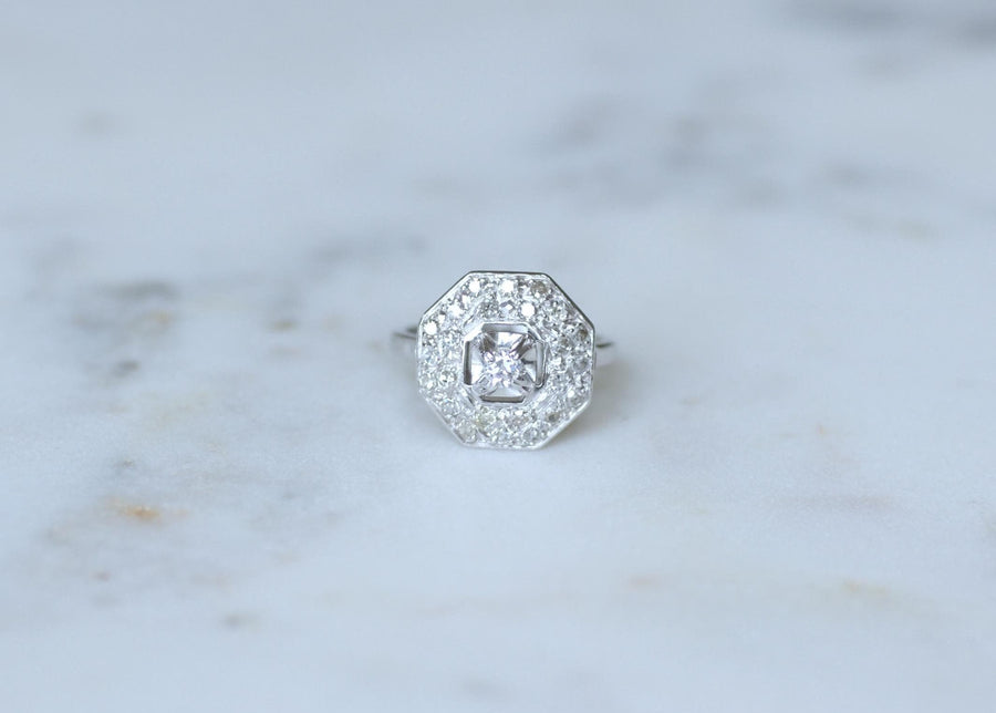 Octagonal Art Deco Platinum and Diamond Ring 0.65 Ct