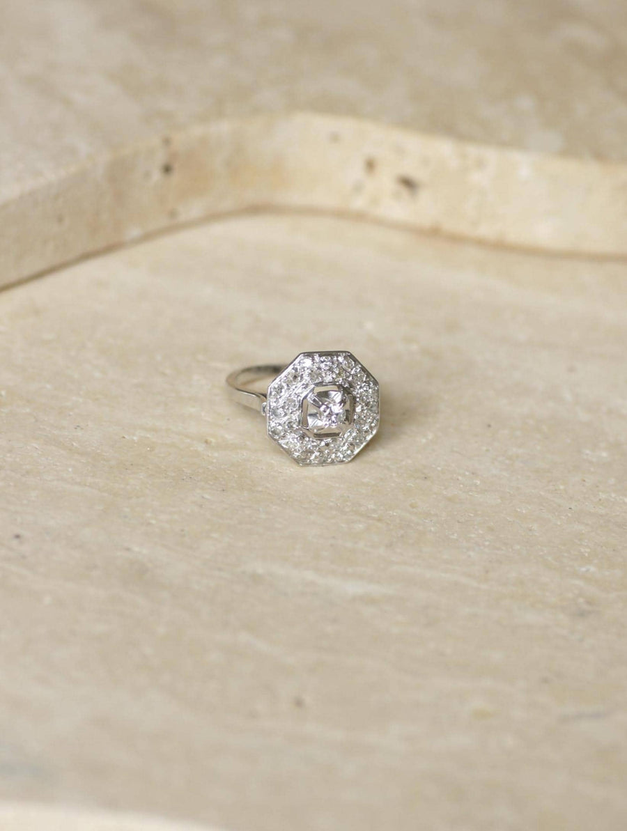 Octagonal Art Deco Platinum and Diamond Ring 0.65 Ct