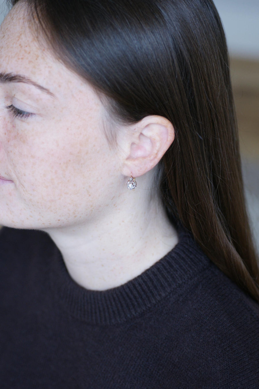 Antique Pink Crowned Diamonds Dormeuse Earrings on Rose Gold and Platinum