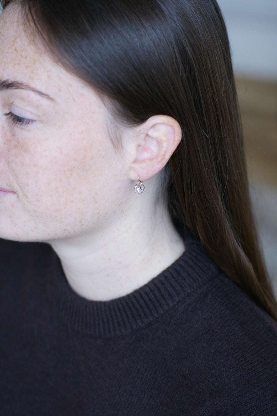 Antique Pink Crowned Diamonds Dormeuse Earrings on Rose Gold and Platinum