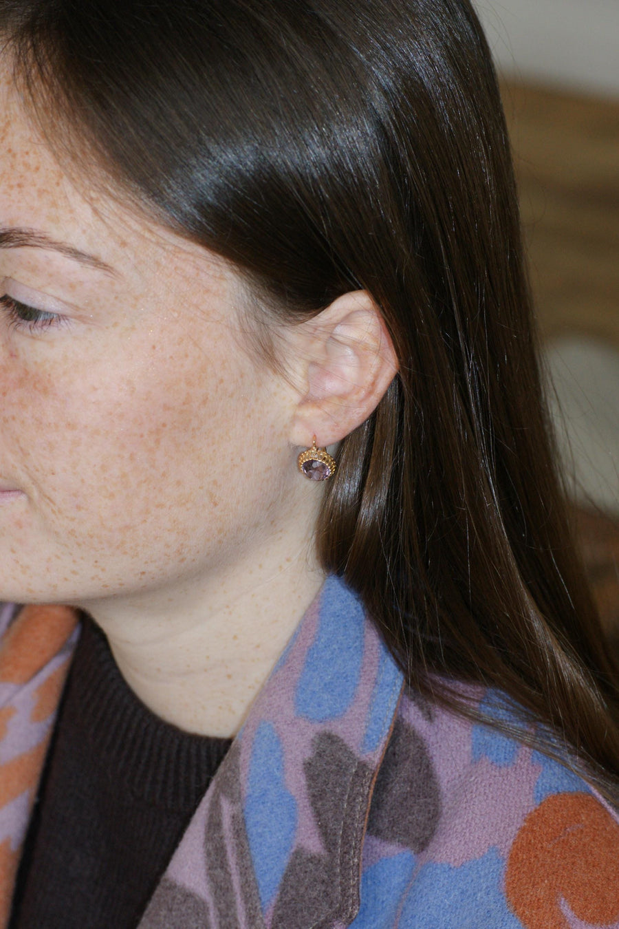 Antique Amethyst and Diamond Dormeuse Earrings on Yellow Gold