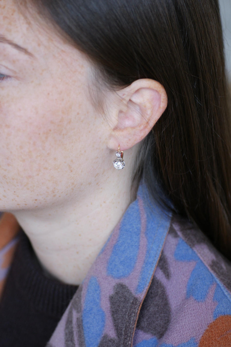 Antique 2.15 ct Diamond Dormeuse Earrings on Gold and Platinum