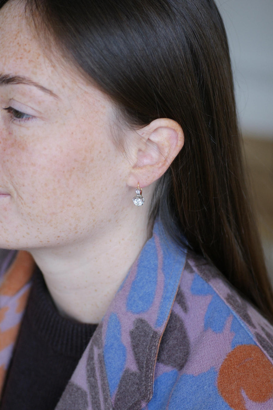 Antique 2.15 ct Diamond Dormeuse Earrings on Gold and Platinum