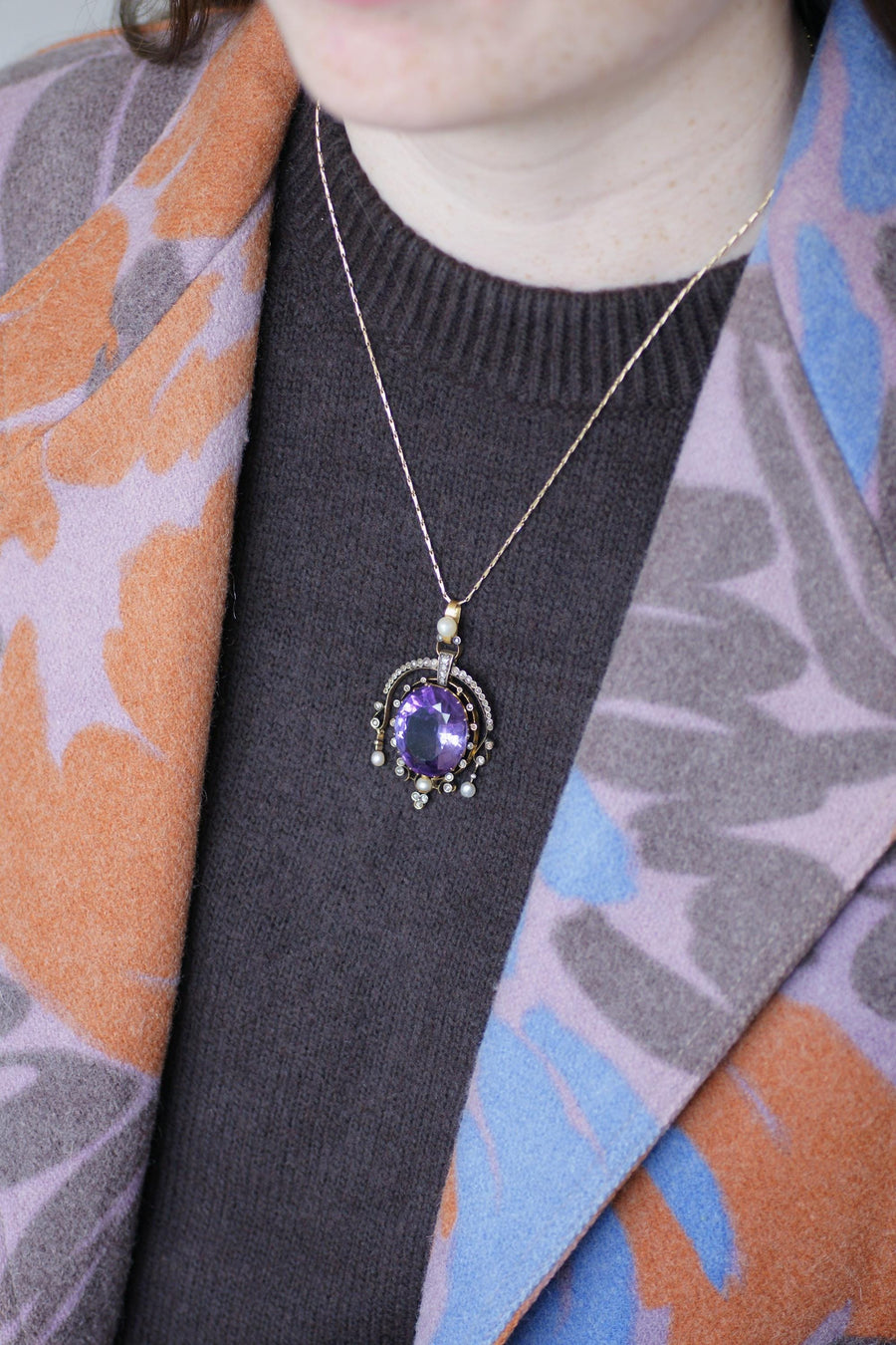Antique Amethyst Diamond and Pearl Pendant on Rose Gold and Silver