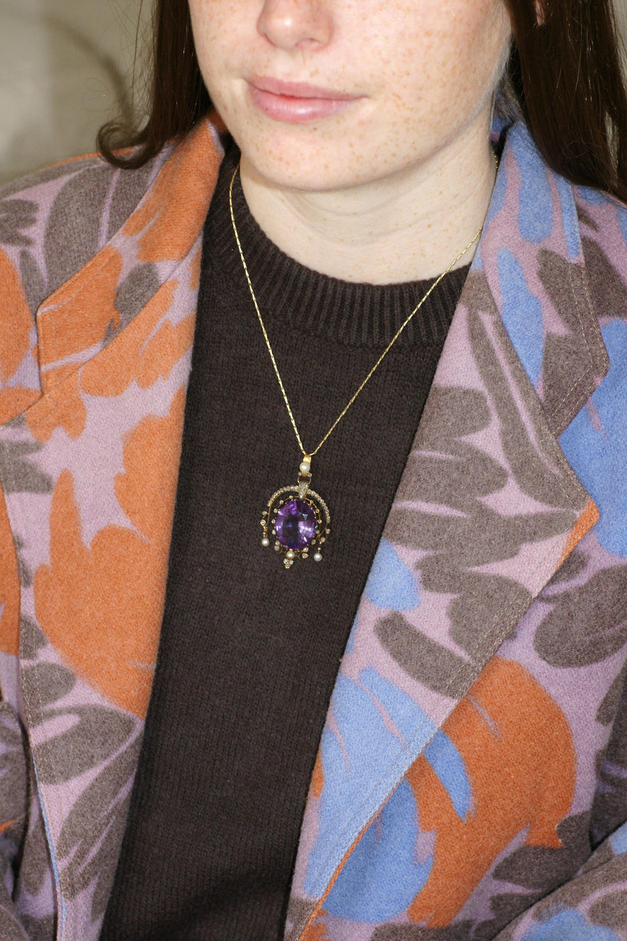 Antique Amethyst Diamond and Pearl Pendant on Rose Gold and Silver