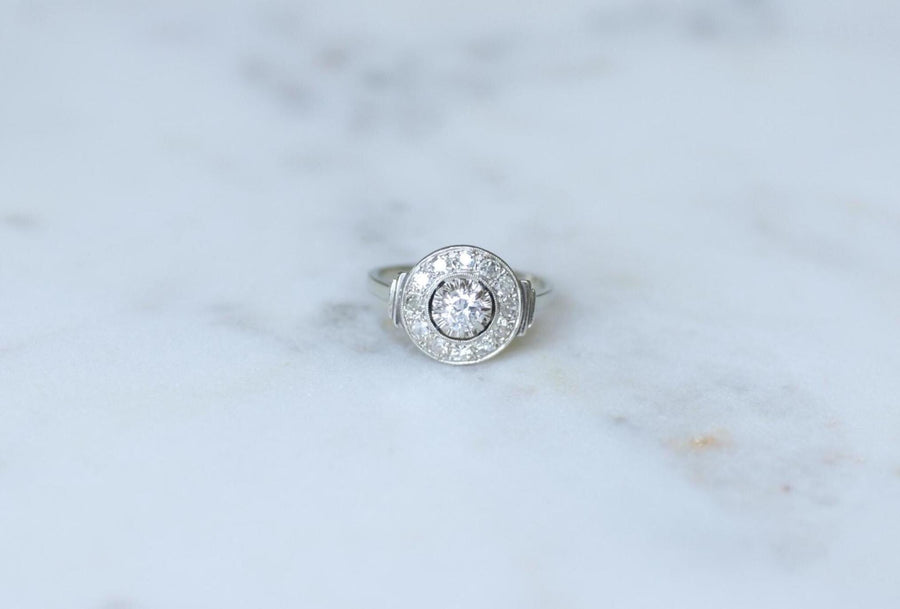 Art Deco Target Ring 0.75 Ct Diamonds on White Gold and Platinum