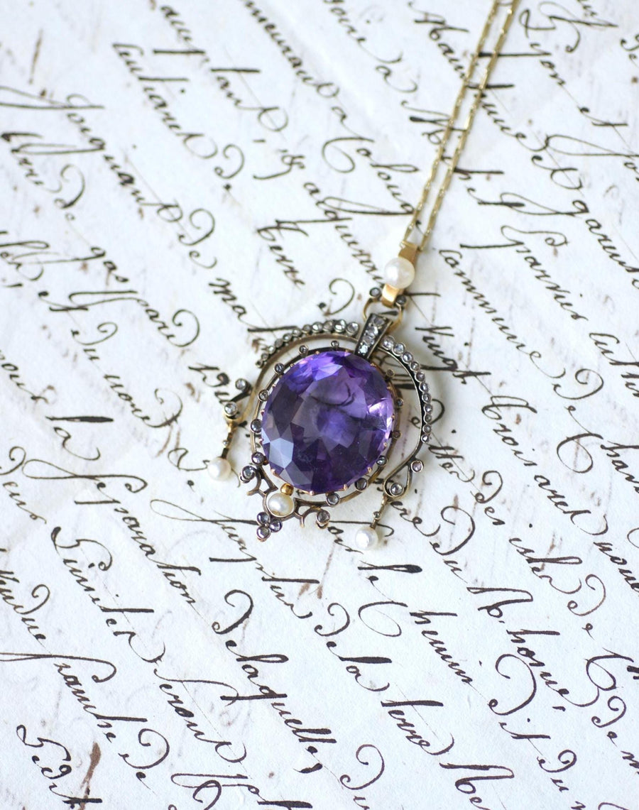 Antique Amethyst Diamond and Pearl Pendant on Rose Gold and Silver
