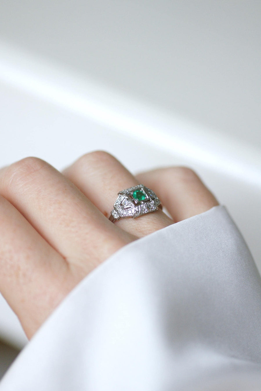 Art Deco Emerald and Diamond Ring on Platinum