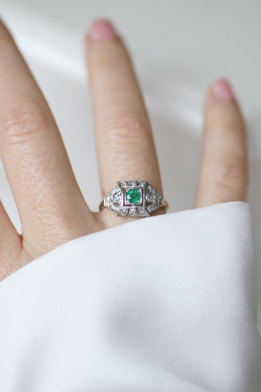 Art Deco Emerald and Diamond Ring on Platinum