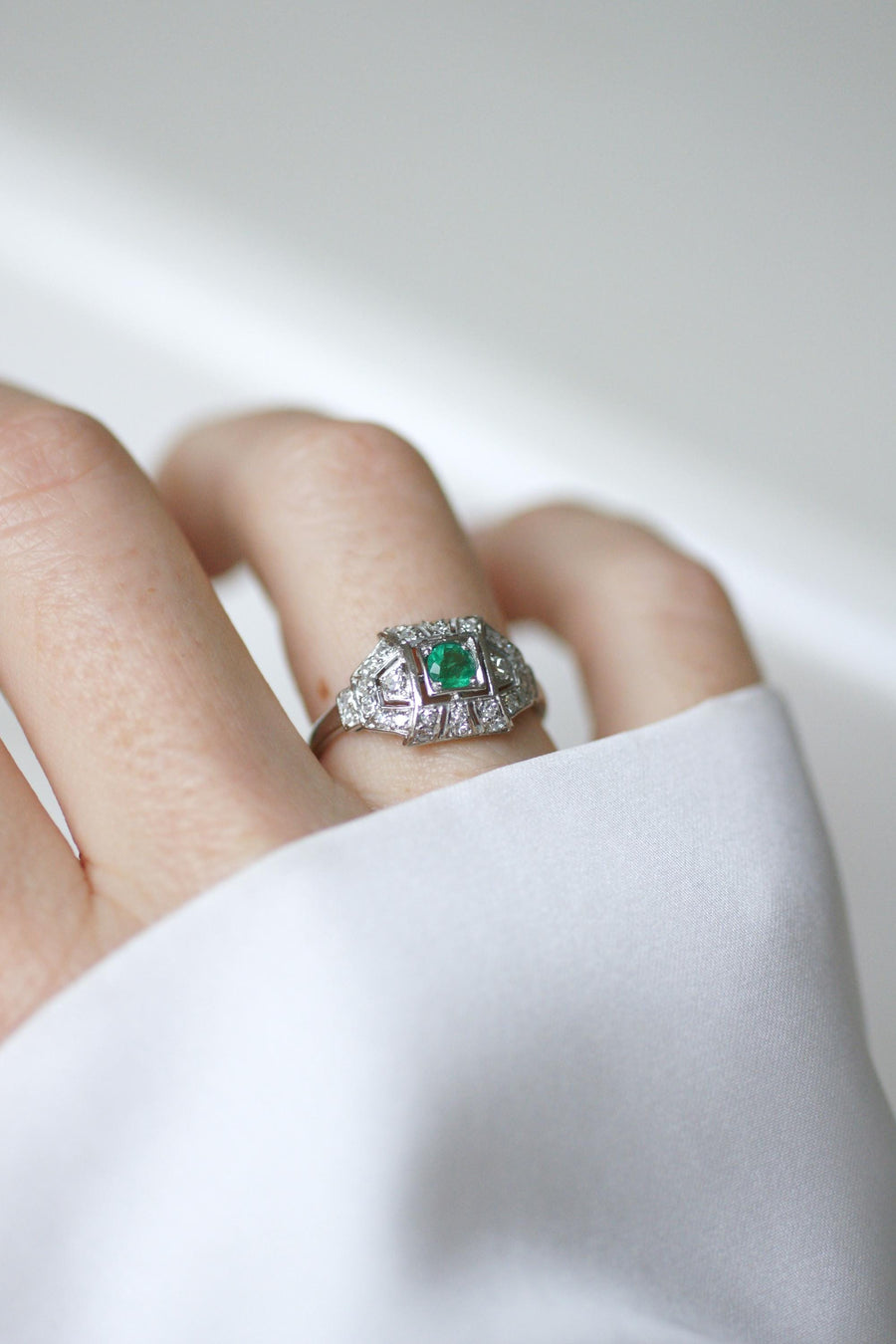 Art Deco Emerald and Diamond Ring on Platinum