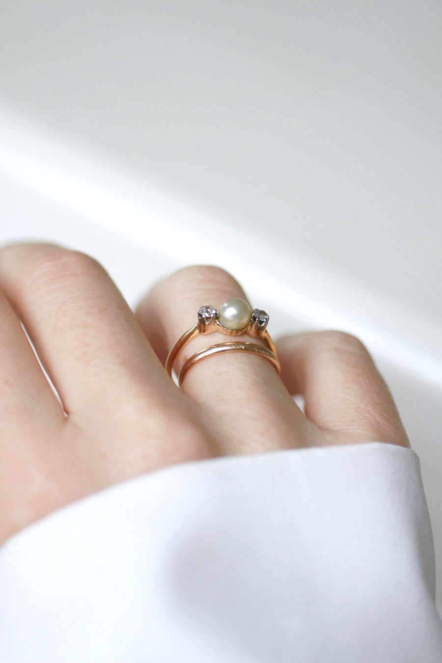 Antique Fine Pearl and Diamond Ring on Gold and Platinum