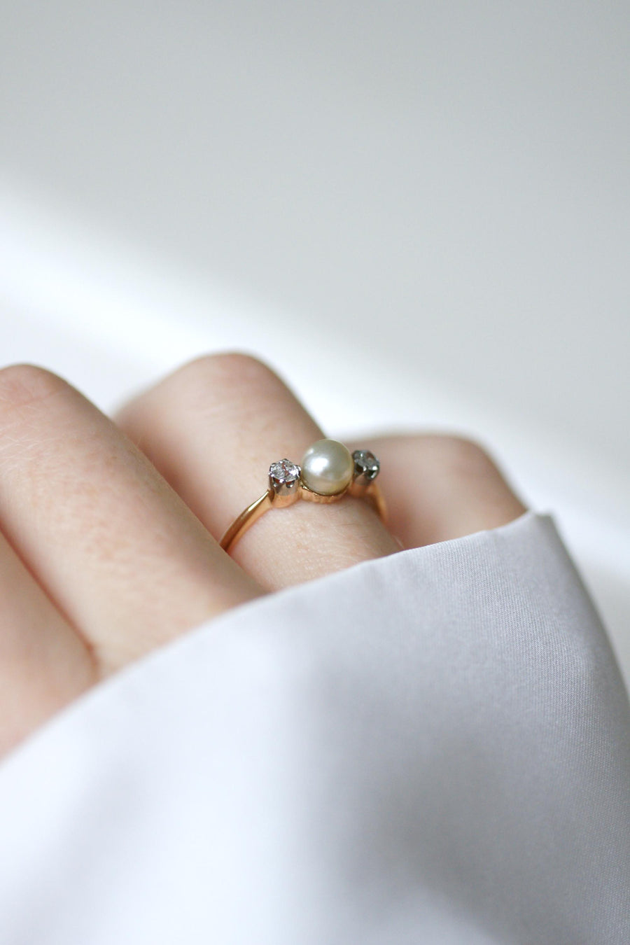 Antique Fine Pearl and Diamond Ring on Gold and Platinum