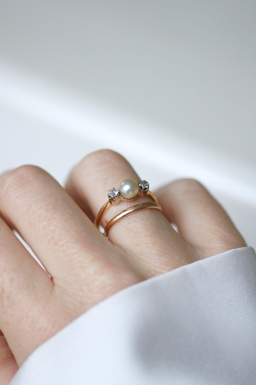 Antique Fine Pearl and Diamond Ring on Gold and Platinum