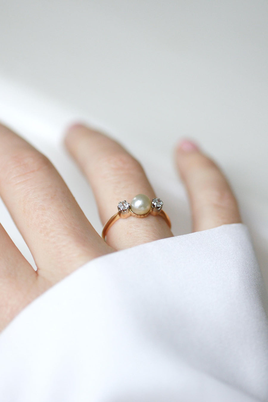 Antique Fine Pearl and Diamond Ring on Gold and Platinum