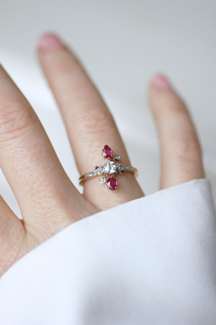 Ring Toi et Moi Belle Epoque Pear Ruby and Diamonds on Yellow Gold and Platinum