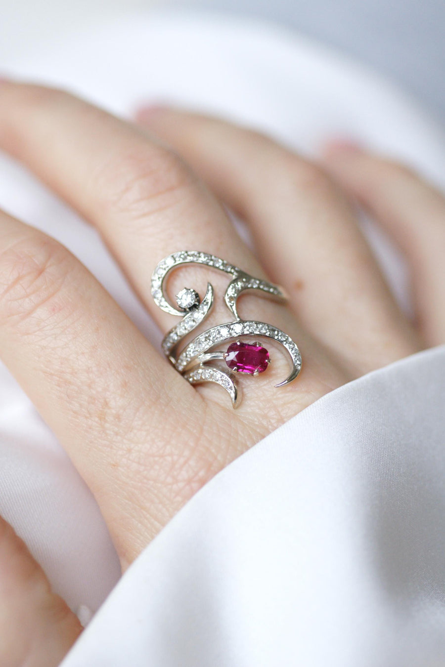 Arabesque Unheated Birman Ruby and Diamond Ring on White Gold