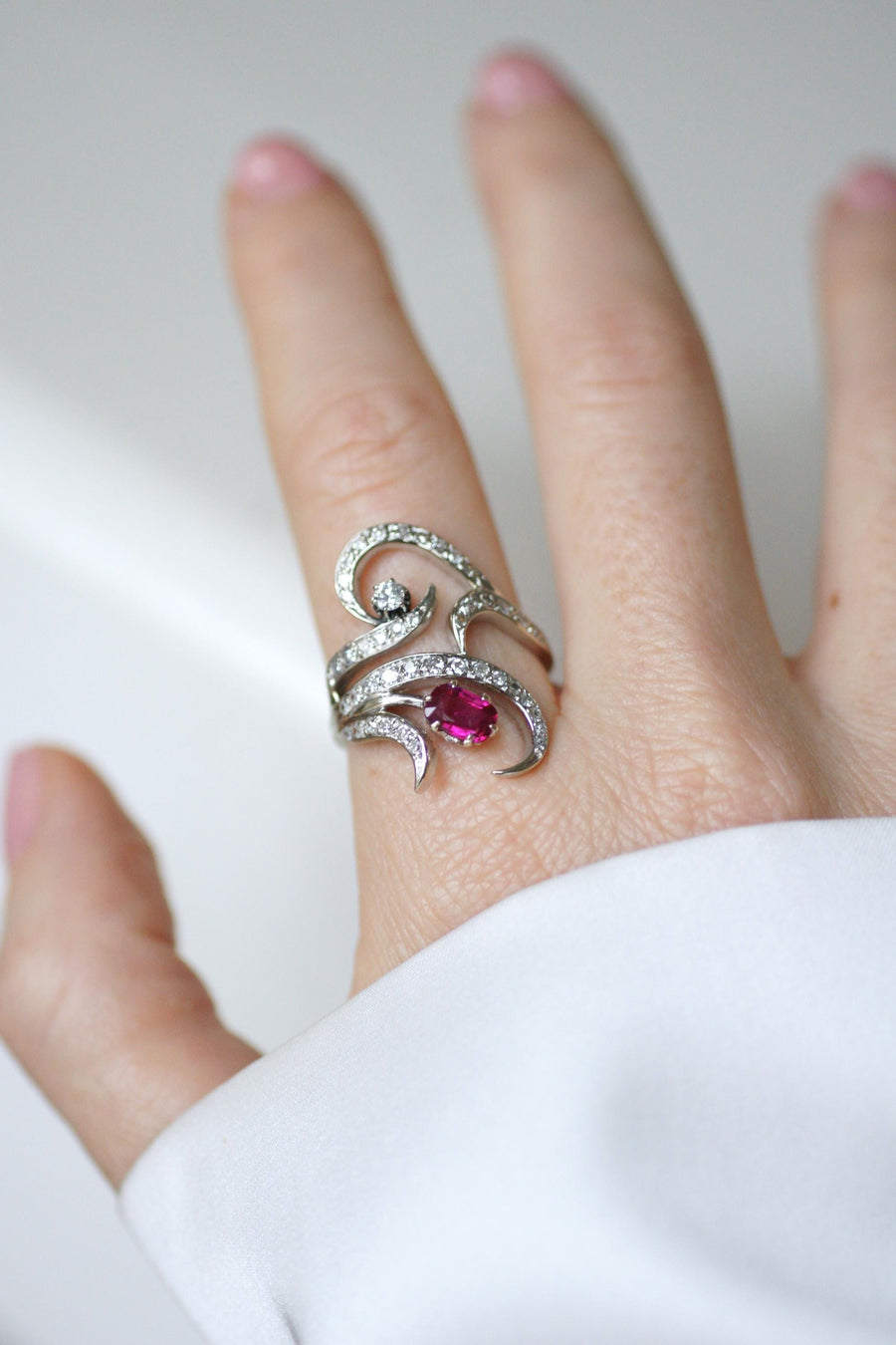 Arabesque Unheated Birman Ruby and Diamond Ring on White Gold