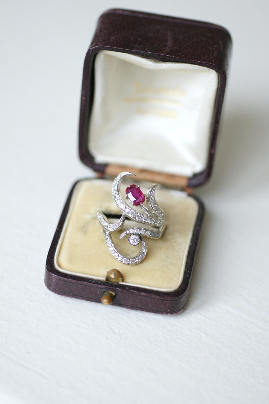 Arabesque Unheated Birman Ruby and Diamond Ring on White Gold