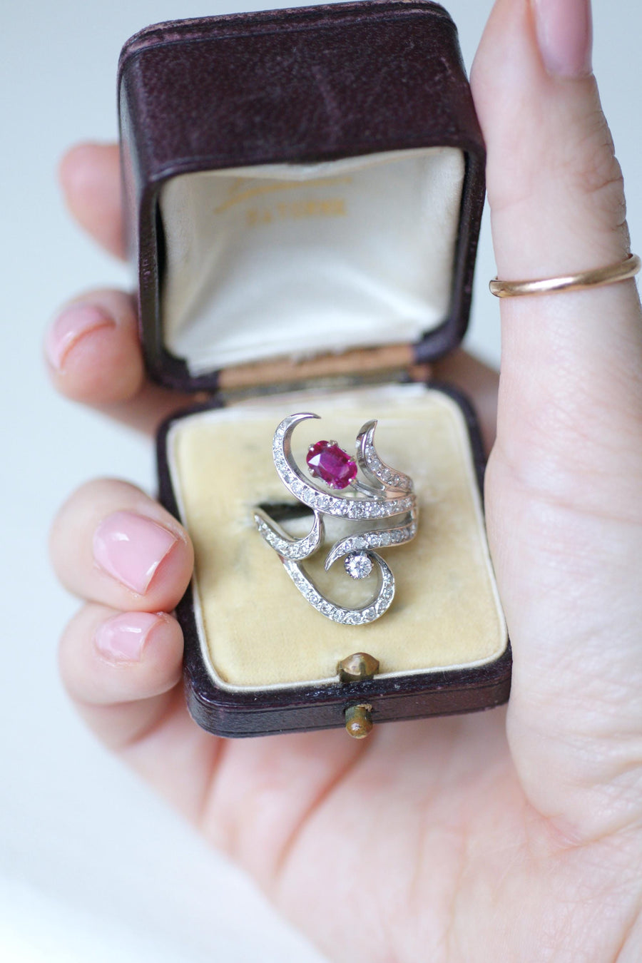 Arabesque Unheated Birman Ruby and Diamond Ring on White Gold