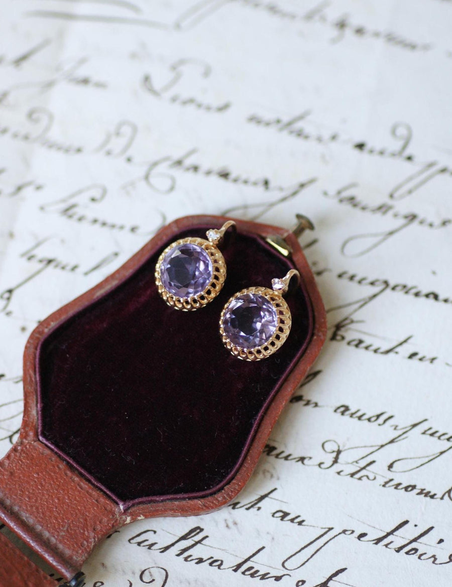Antique Amethyst and Diamond Dormeuse Earrings on Yellow Gold