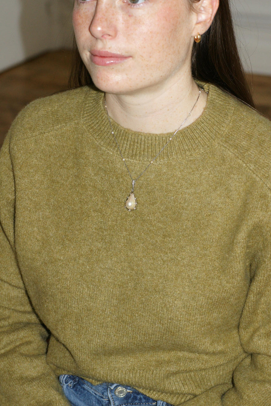 Art Deco Necklace Goutte Pearl & Diamond Pendant on Gold and Platinum