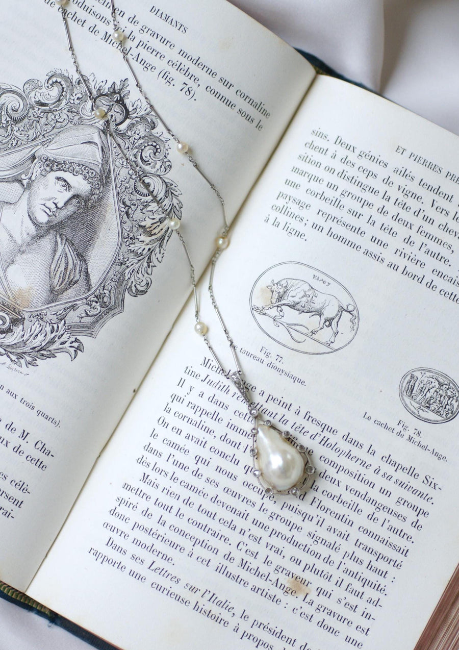 Art Deco Necklace Goutte Pearl & Diamond Pendant on Gold and Platinum