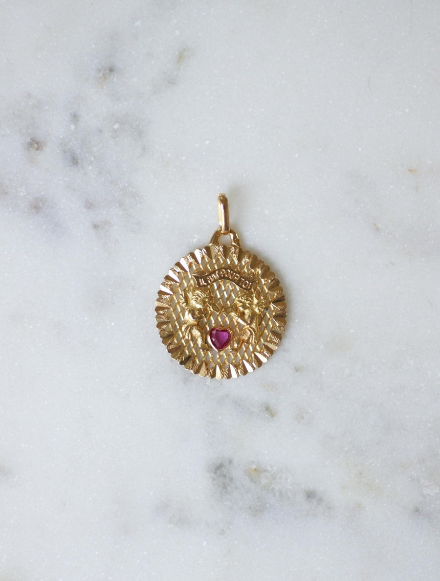Pendant Love Medal Yellow Gold Angels Heart Ruby "Il Bat Pour Toi" (It Beats For You)