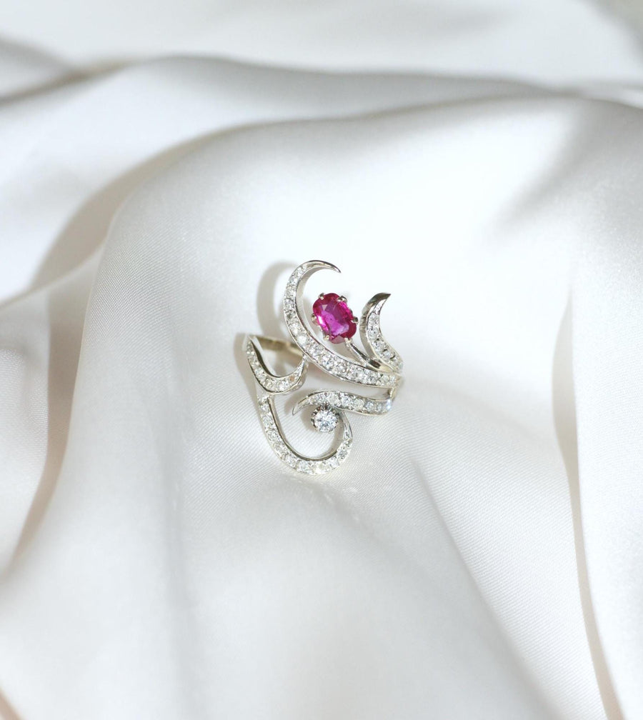 Arabesque Unheated Birman Ruby and Diamond Ring on White Gold