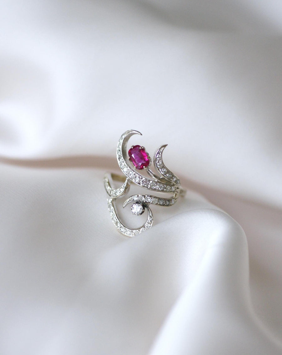 Arabesque Unheated Birman Ruby and Diamond Ring on White Gold