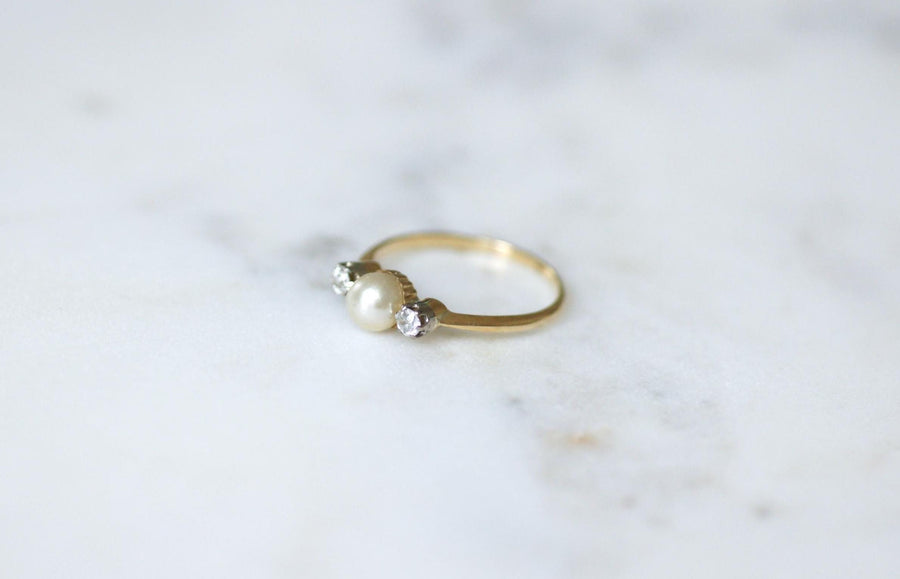 Antique Fine Pearl and Diamond Ring on Gold and Platinum