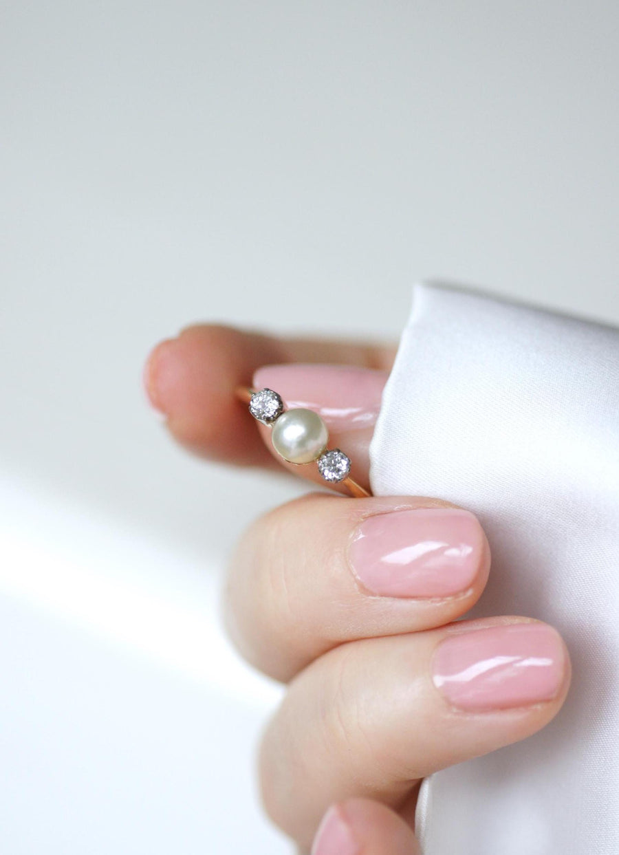 Antique Fine Pearl and Diamond Ring on Gold and Platinum