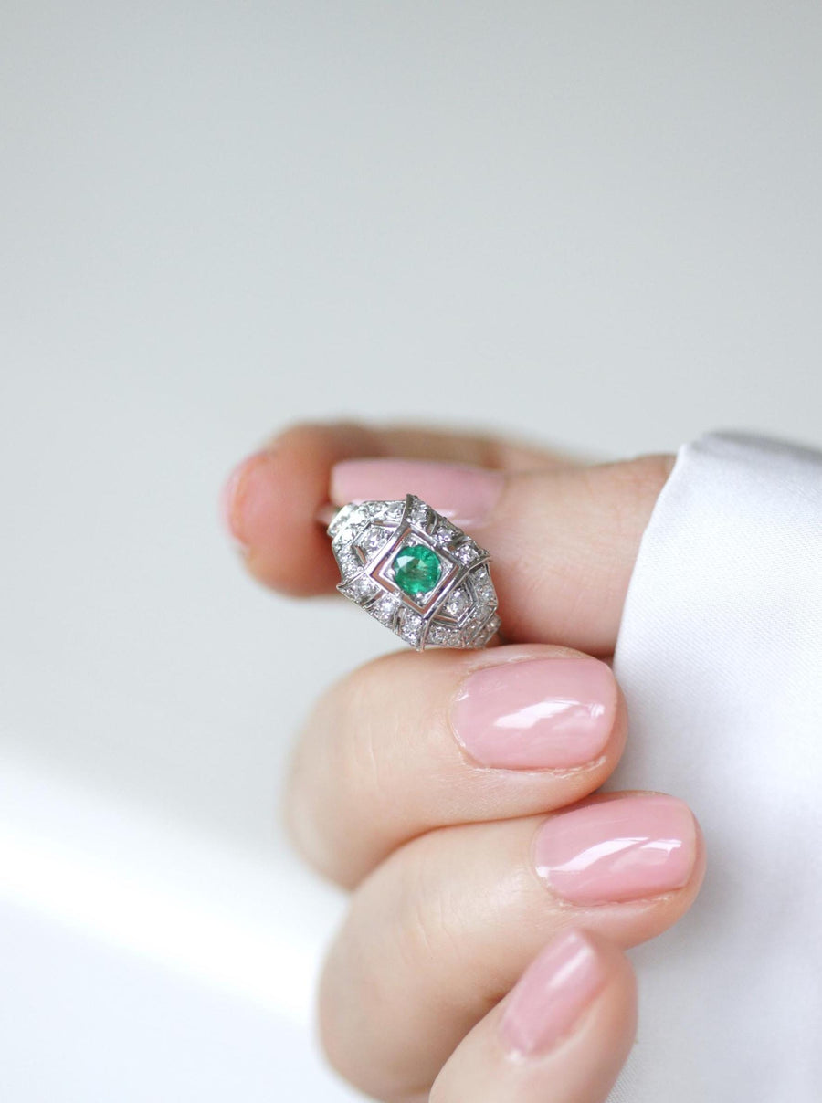 Art Deco Emerald and Diamond Ring on Platinum