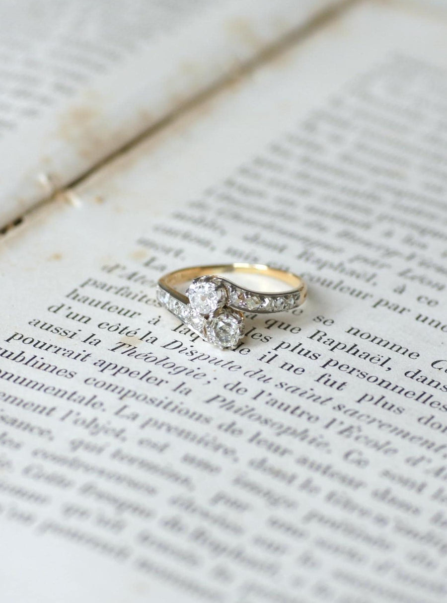 Toi et Moi Antique Ring Diamonds on Yellow Gold and Platinum