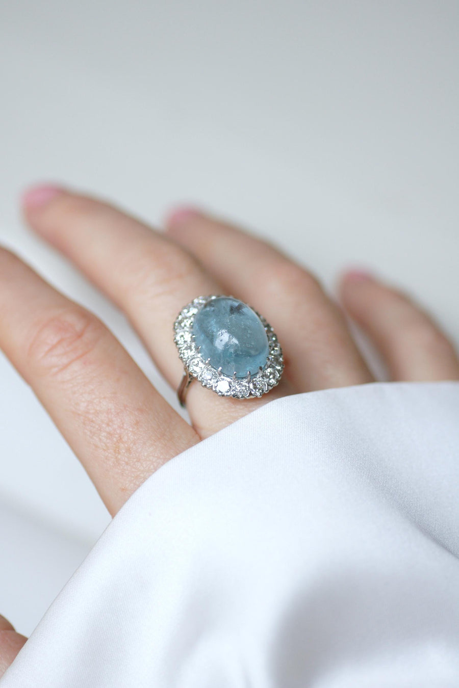 Cabochon Aquamarine and Diamonds on Gold and Platinum Art Deco Daisy Ring