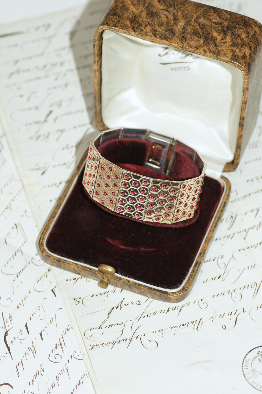 Art Deco Ruby on Rose Gold and Silver Ribbon Bracelet