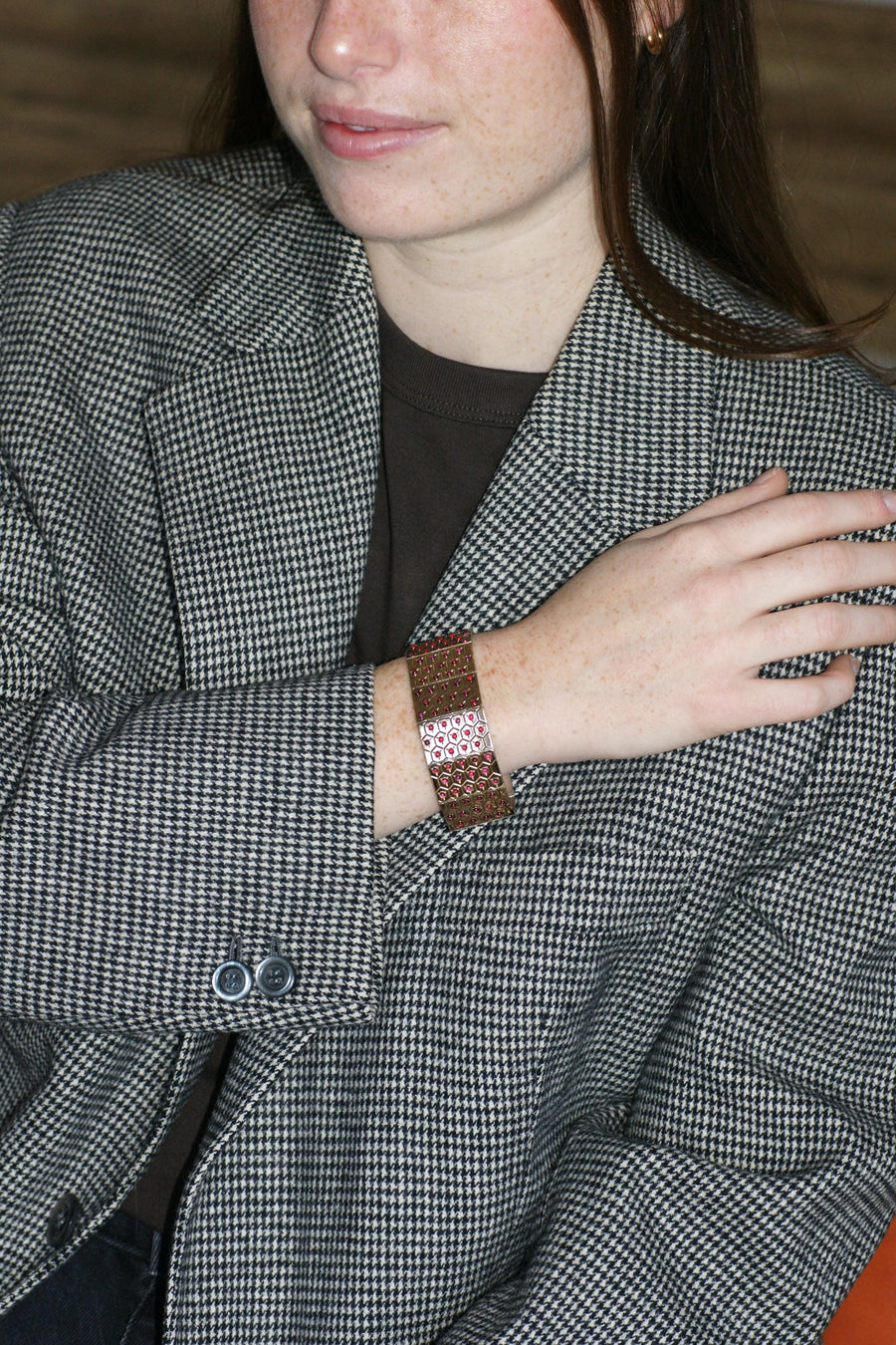 Art Deco Ruby on Rose Gold and Silver Ribbon Bracelet