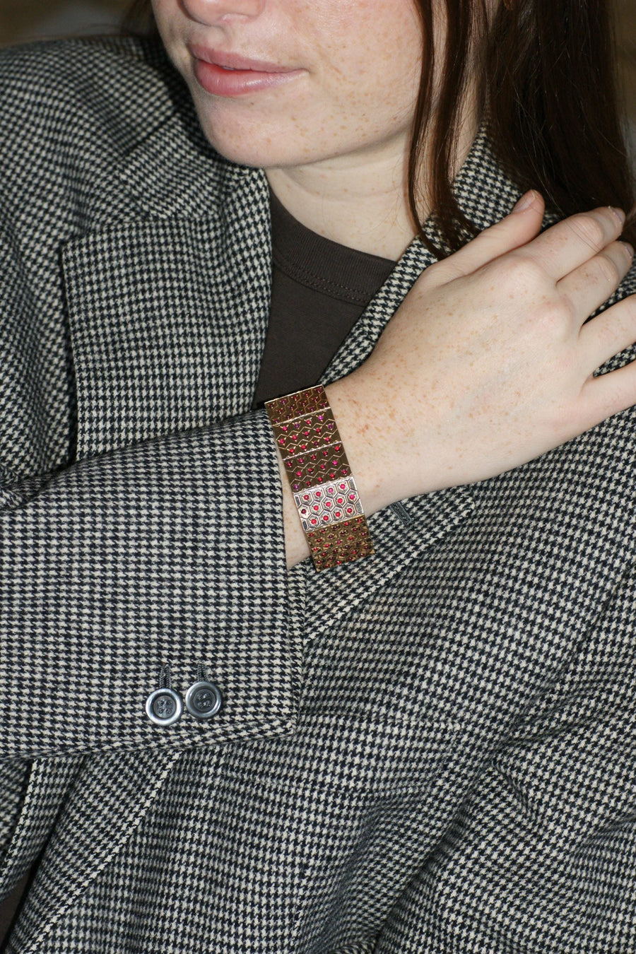 Art Deco Ruby on Rose Gold and Silver Ribbon Bracelet