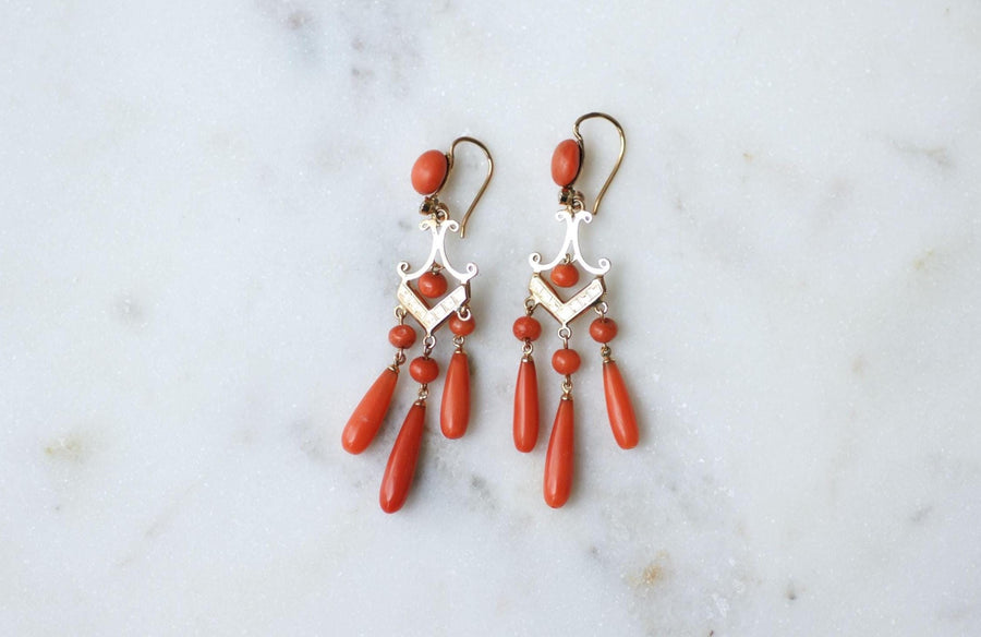 Girandoles Antique Rose Gold and Coral Drop Earrings