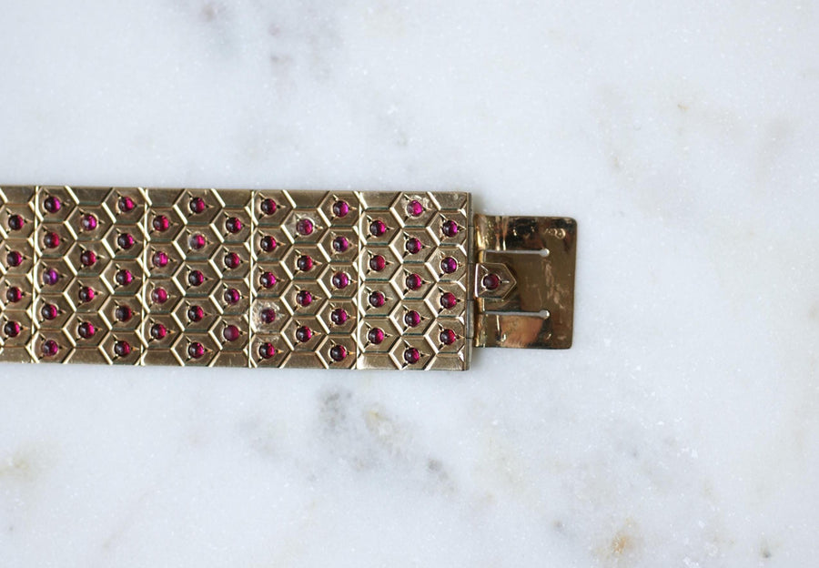 Art Deco Ruby on Rose Gold and Silver Ribbon Bracelet