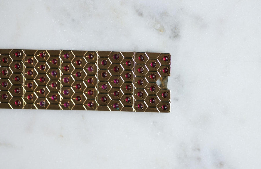 Art Deco Ruby on Rose Gold and Silver Ribbon Bracelet