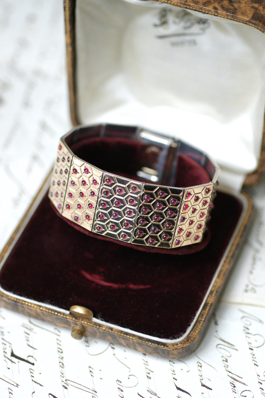 Art Deco Ruby on Rose Gold and Silver Ribbon Bracelet